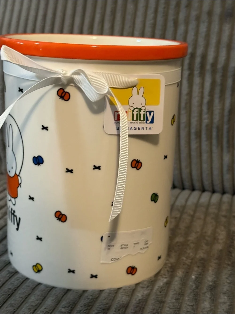 miffy White Ceramic Canister with Orange Accents and Colorful Butterflies